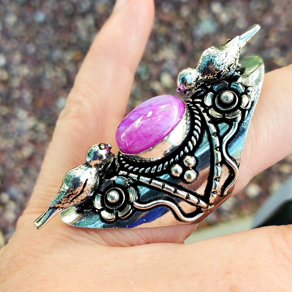 New Pink Rainbow Moonstone 925 Silver Birds Statement Ring.